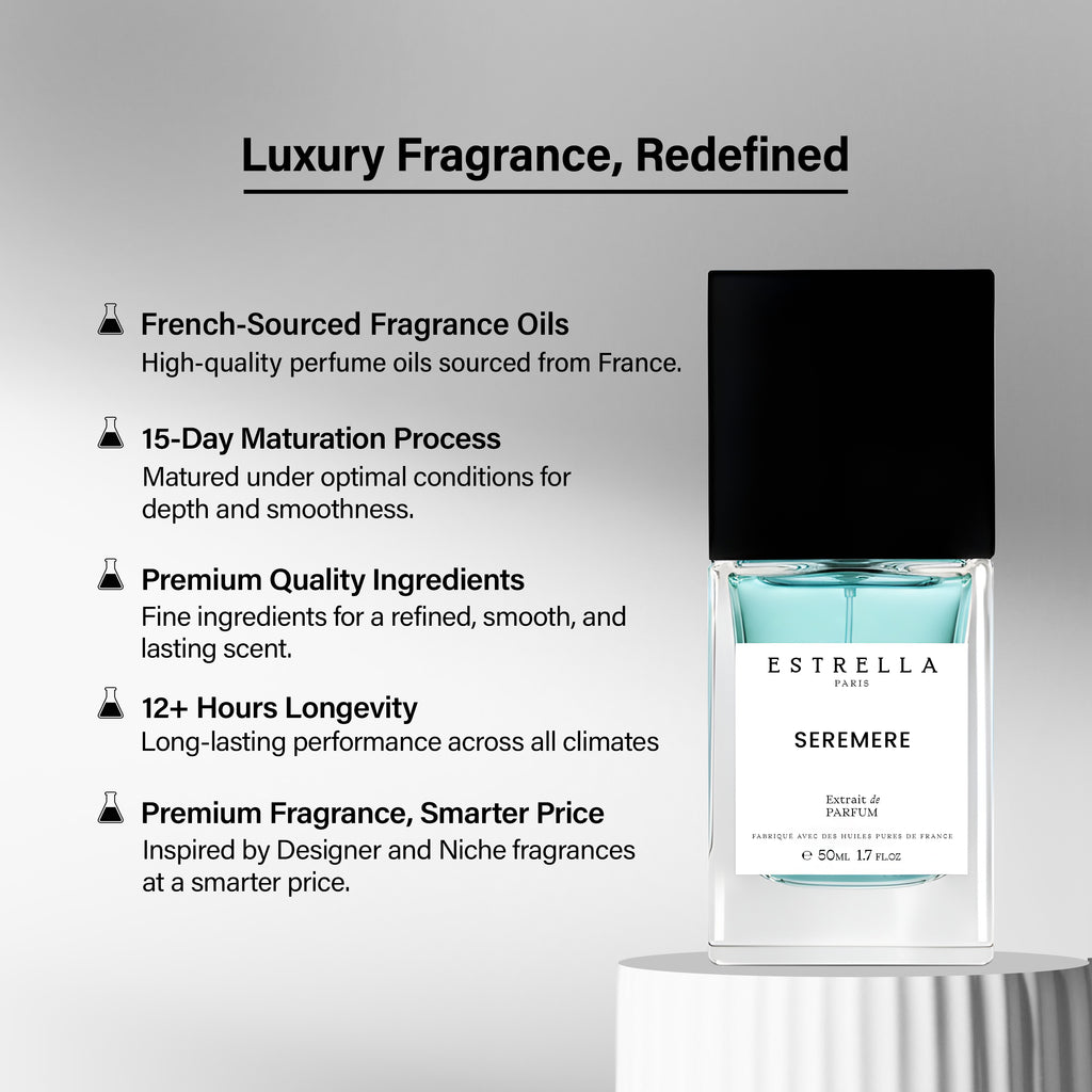 Estrella Seremere perfume bottle with product features on a gray background